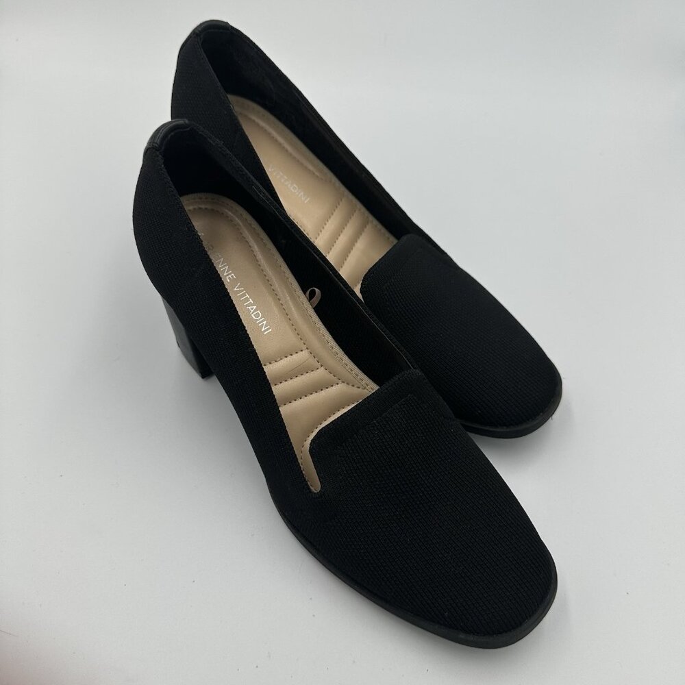 Adrienne Vittadini Brittiny Women’s US 8.5 Black Knit Shoes Chunky Heel‎ Mature